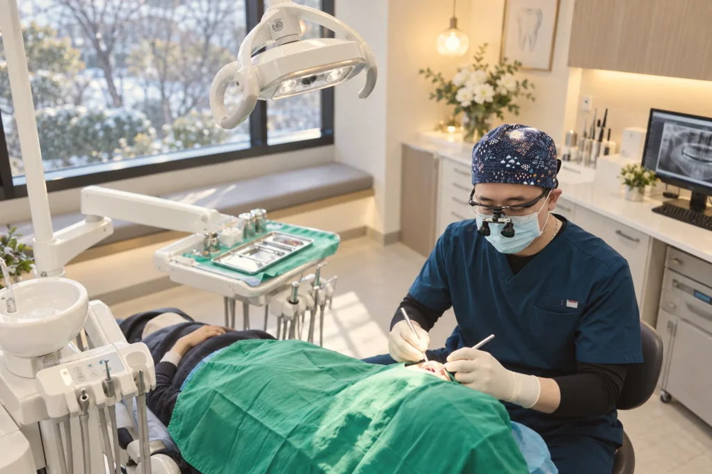 김해 임플란트 잘하는 곳 — 겨울 나무가 보이는 창과 따뜻한 조명이 있는 치과에서 마스크와 루페를 착용한 원장님이 환자를 진료하는 사진 (더이로운치과의원)