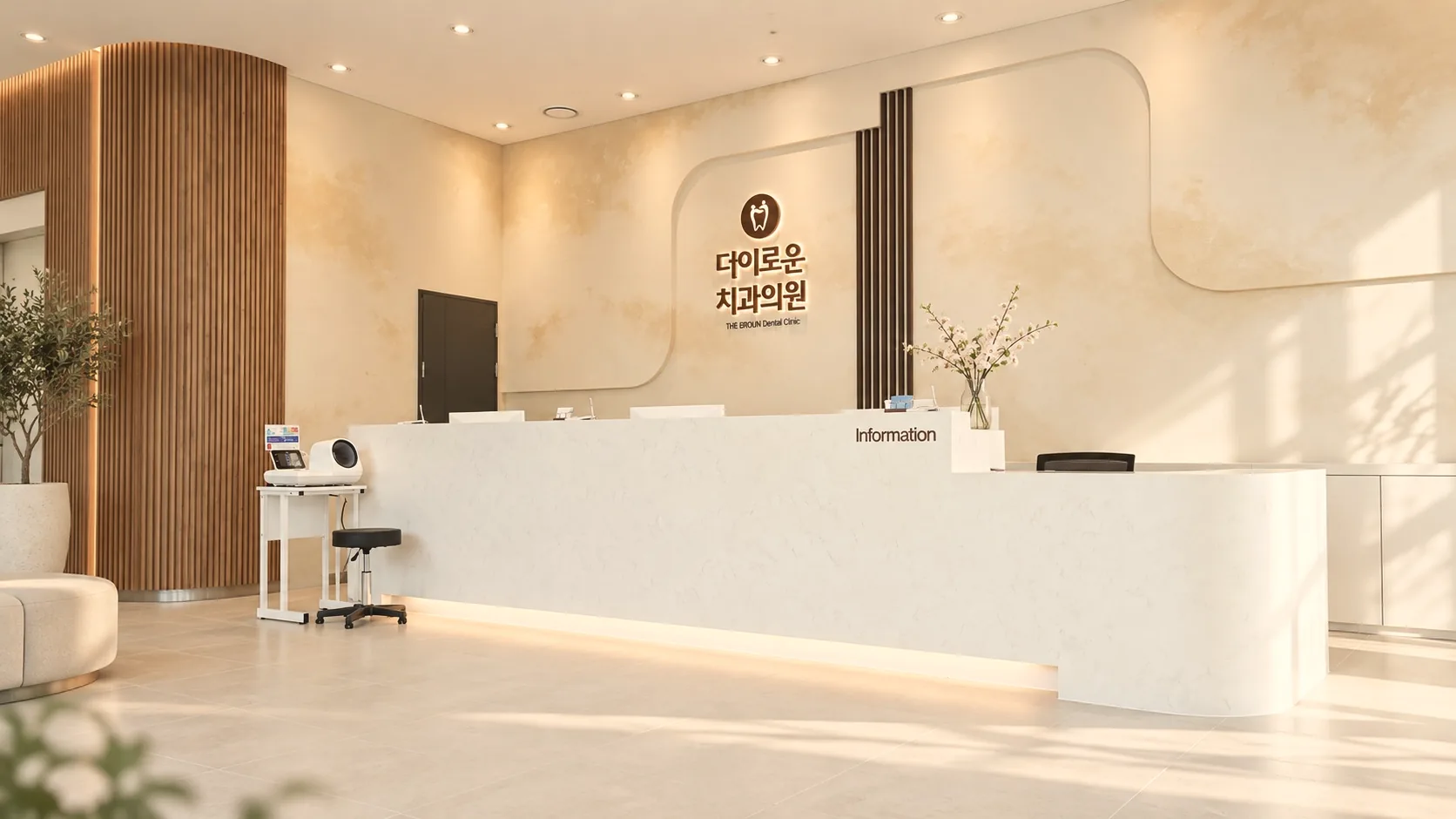 밝고 따뜻한 자연광이 비추는 치과 접수 공간의 광각 전경으로, 흰색 곡선형 데스크와 중앙 로고, 우드 슬랫과 봄꽃 소품을 담은 사진 (더이로운치과의원)