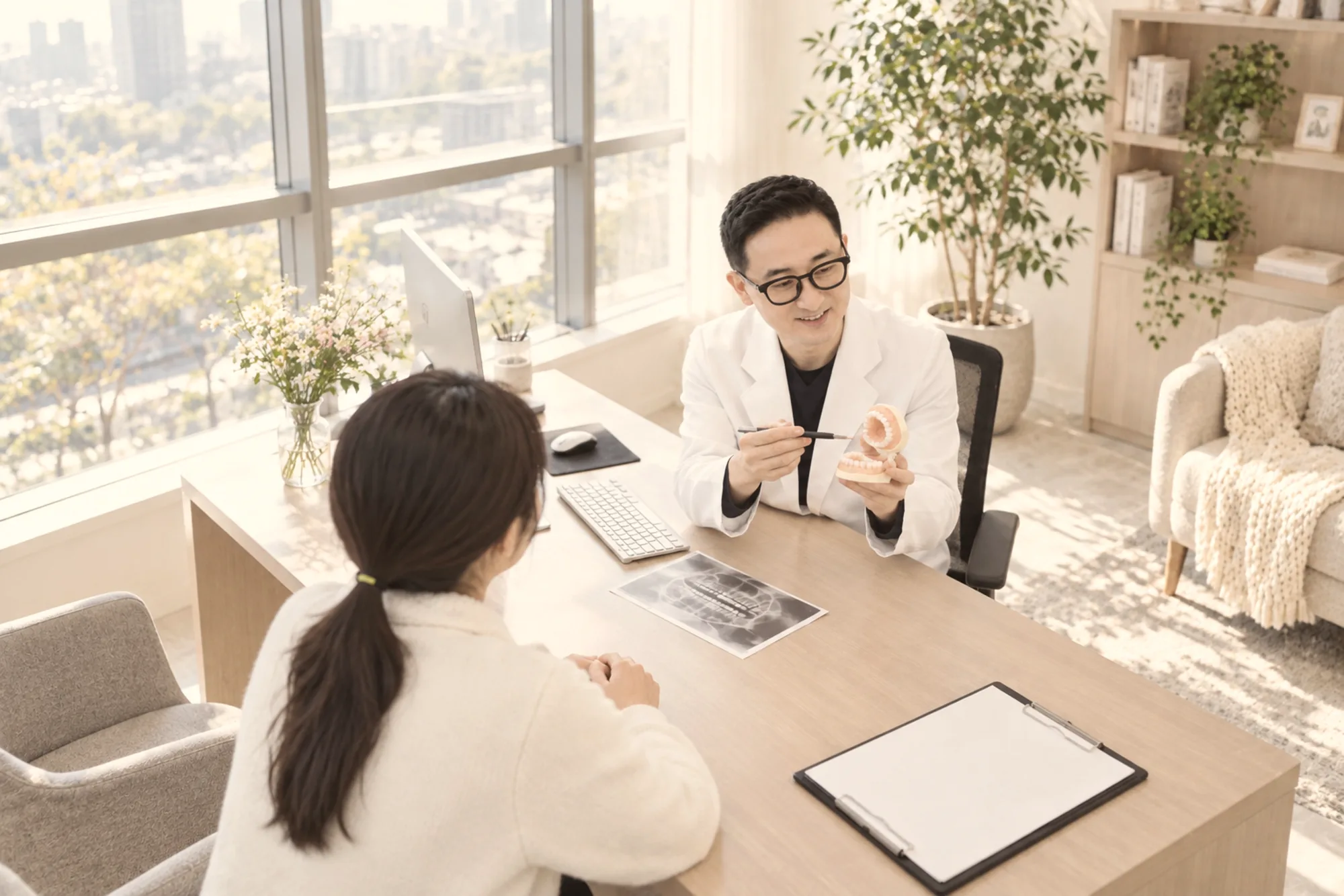 자연광이 드는 치과 상담실에서 흰 가운의 원장이 환자에게 치아 모형을 설명하는 장면 (더이로운치과의원)