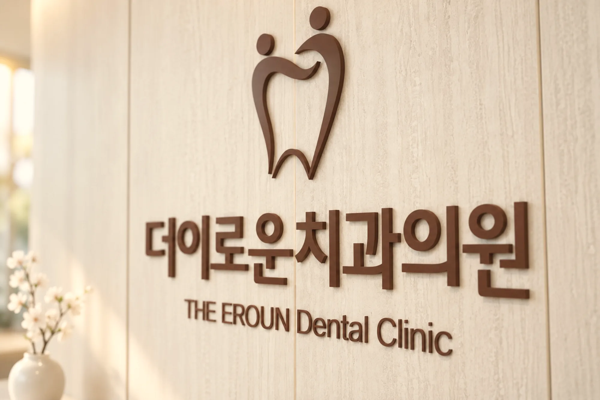 더이로운치과의원 공간 간판을 다른 각도와 자연광으로 촬영한 사진