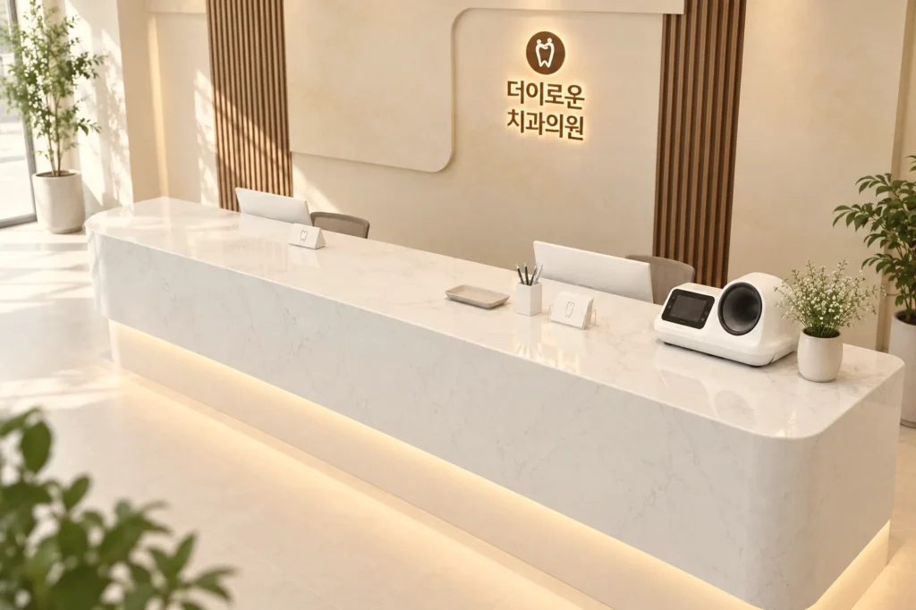 임플란트 과정과 기간 — 자연광이 들어오는 더이로운치과의원 접수대와 흰 대리석 카운터를 위에서 내려다본 넓은 사진